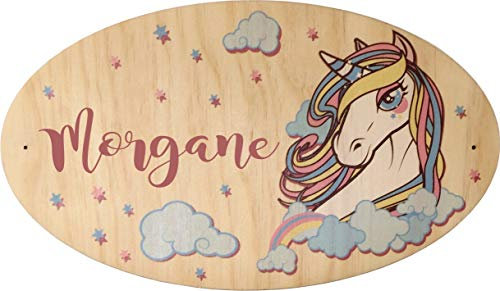 Plaque de Porte en bois personnalisée pour une Chambre d'enfant - Le prénom de la plaque en bois est personnalisable - cadeau de naissance personnalisé bébé Décoration (Licorne 2)