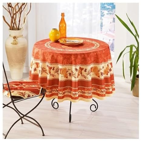 Villages de Provence Runde schmutzabweisende Tischdecke - Faltenbeständig und 100% Polyester - Orange - Ø 180 cm - Tournesol Abeille - 6/8 Besteck - Innen oder Außen - Esstisch, Küche oder Garten