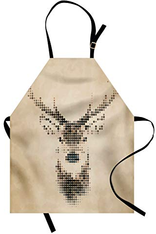 ABAKUHAUS Hirsch Kochschürze, Retro Art-Rotwild-Porträt mit Digital-Punkten und geometrischer Kreis-Weinlese-Grafik, Farbfest Höhenverstellbar Waschbar Klarer Digitaldruck, Creme Brown
