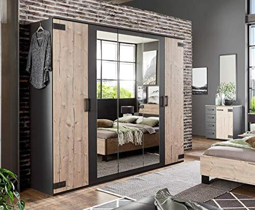 Wimex German Malmo Kleiderschrank mit 5 Türen, 225 cm, silberfarbene Eiche, Grau
