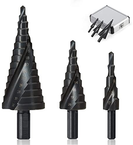 ERWEY 3Pcs Foret Étagé 4-12/20/32mm, Foret Fraise Meche Etage, HSS Inox Metal, Triangle Conique Titane, avec Tige Hexagone, pour Visseuse Percage sur Acier, Laiton, Bois, Plastique