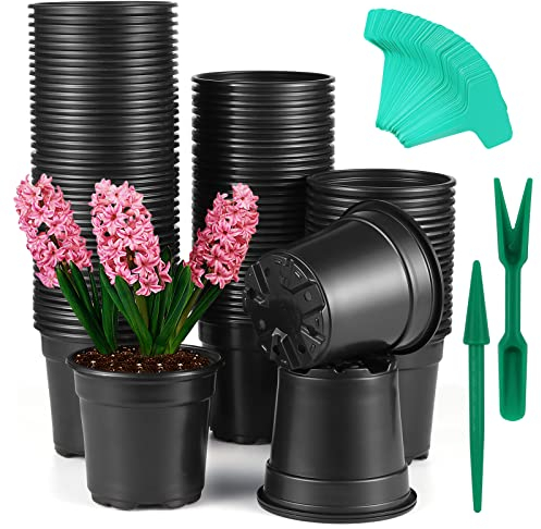 Coolty 100 macetas de plástico Negro de 4 Pulgadas, Plantas de semillero, Plantas de vivero con 100 Etiquetas de Plantas y 1 Juego de Mini Herramientas de trasplante
