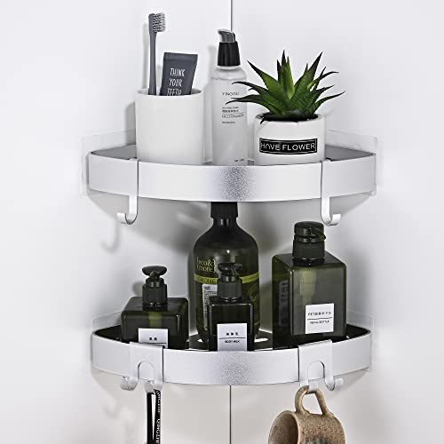 TRUSTLIFE Bathroom Storage Organizer Shower Corner Shelf No Drilling Wall Mounted Bathroom Shelf with Hooks, Space Aluminum Shower Storage for Wetroom - 2 Pack, Silver