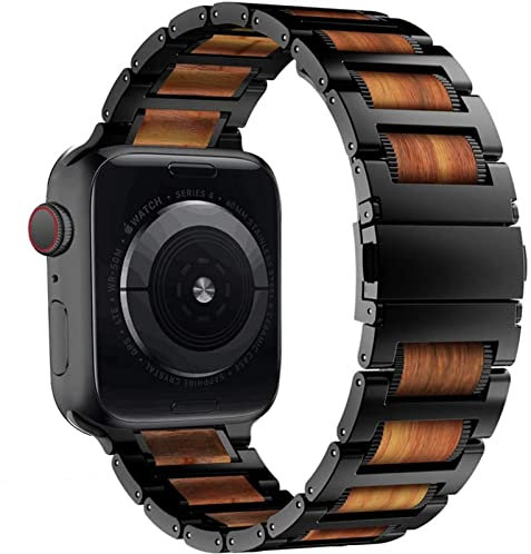 AEMALL Cinturino in legno per Apple Watch cinturino 44 mm 40 mm 42 mm 38 mm Bracciale in acciaio inossidabile correa cintura per i-watch serie 5 4 3 se 6 7 45 mm 41 mm (colore cinturino: nero,