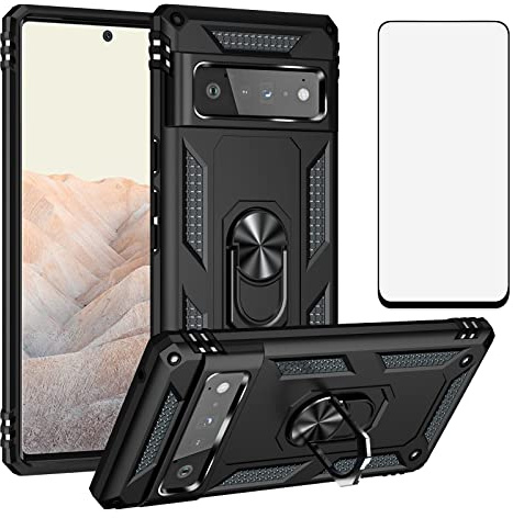 Phone Case for Google Pixel 6 Pro with Tempered Glass Screen Protector Cover and Stand Ring Holder Hard Shockproof Magnetic Heavy Duty Pixel6Pro Pixel6 XL 6XL Pixle 6Pro 5G Women Men Girly Black