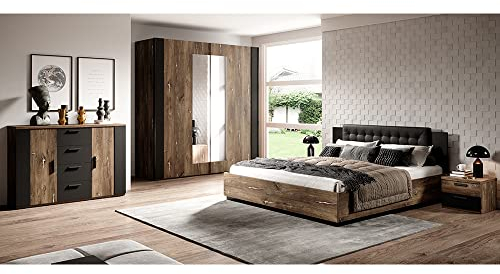 Lomadox Schlafzimmer komplett Set inkl. Bett und Lattenrost, Liegefläche 160 x 200 cm in Flagstaf Eiche dunkel Nb. und Silber, kombiniert mit schwarz