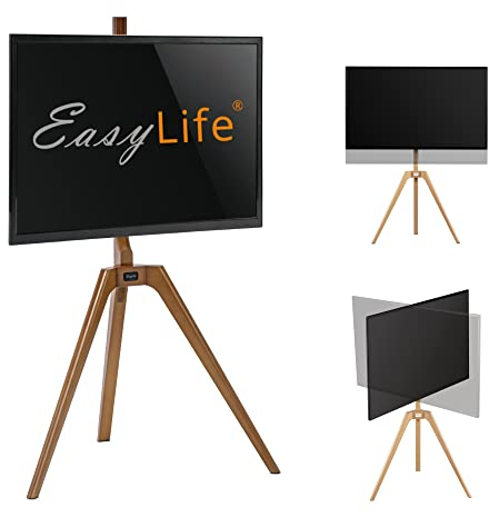 EasyLife - TV Stativ Holz Staffelei Tripod - Studio TV Stand bis 65'' Zoll & 40 kg Fernseher/Monitor, schwenkbar, höhenverstellbar, Kabel Management, VESA bis 400x400 (Weiß/Nussbaum)