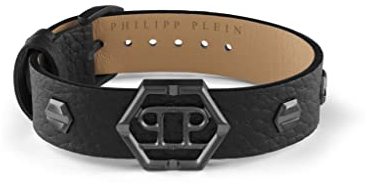 Philipp Plein Herren Armband Leder Schwarz Edelstahl IP Gun Hexagon, Länge: ca. 22 cm, PJ7AA11BU