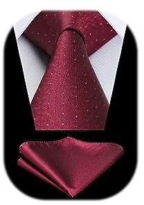 HISDERN Polka Dot Borgoña Corbatas para hombres Corbata de boda Pañuelo Corbata formal de negocios y juego de pañuelos de bolsillo