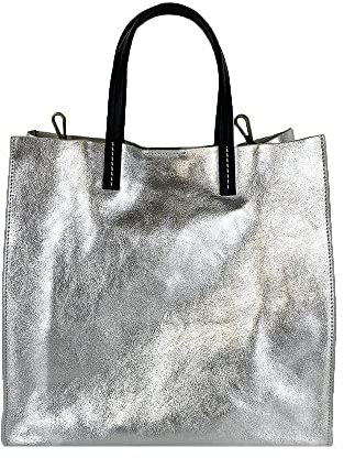 FrasiBags Einkaufstasche für Damen aus echtem Leder, Einkaufstasche aus echtem Metallic-Leder, hergestellt in Italien, silber, 35x37x17