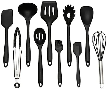 Mayaaran 10 Piece Silicone Kitchen Utensils Set, Kitchen Accessories Set of Utensils with Spatula, Spoon, Whisk, Slotted Turner | Non-Stick, Heat Resistant BPA Free Black Silicone Cookware