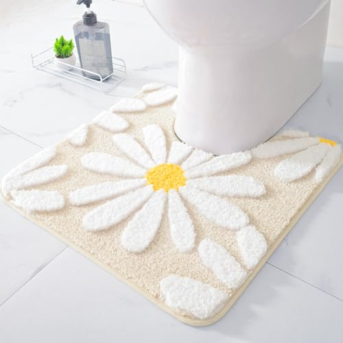 QJHOMO Toilet Rugs U Shaped, Beige Toilet Mat Cute Daisy Contour Bath Rug 20x20, Extra Thick Soft Machine Washable Toilet Carpet, Non Slip Bathroom Floor Mats Super Absorbent Microfiber Bath Rugs