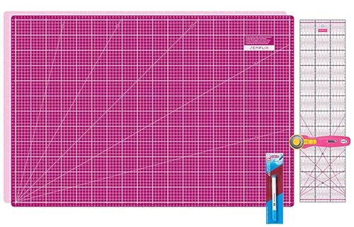 SEMPLIX Schneidematten Set - Schneideunterlage 90 x 60 cm (A1), Rollschneider Maxi, Patchwork Lineal + Aqua-Trickmarker (pink/beere)