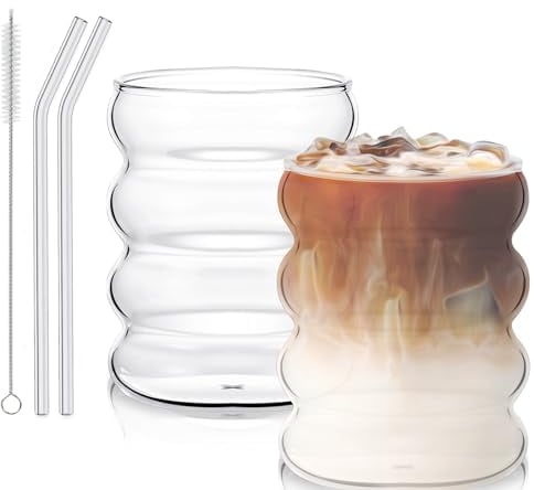 Lot de 2 verres à café cannelés de 300 ml avec pailles en verre nervurées pour la restauration, l'eau, le jus, la bière, verres universels