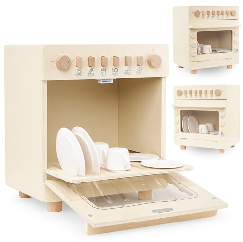 Mamabrum Lave-Vaisselle Jouet en Bois pour Enfants - Set Cuisine avec 6 Aimants, 2 Grandes Assiettes, 2 Petites Assiettes, 2 Tasses - Boutons Rotatifs Sonores (13 PièCes)