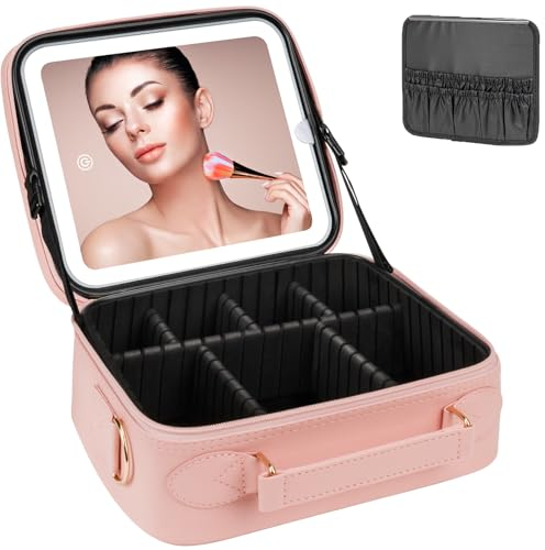 iFalarila Makeup Organizer with LED Mirror, [3 Color and Stepless Dimmable] Rechargeable LED Light for Makeup Bag Train Case with Brushes Storage Organizer, Travel Box Cosmetic Bag for Women - Pink
