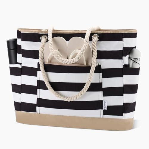 Chase Chic Bolso Playa Grande xxl Familiar, Resistente Al Agua Capazo Playa Mujer Múltiples Bolsillos Bolso de Hombro Mujer con Cremallera para Viajar Vacaciones Verano Piscina, Rayas Negras