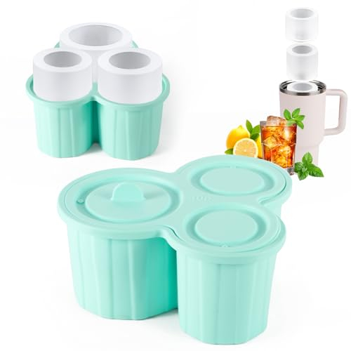 Ice Cube Tray for Stanley Cup, 3-Piece Silicone Ice Cube Case with Lid Cylinder Ice Maker Small Ice Cube Holder for Drink, Juice, Whiskey, Cocktail, Coffee, Outdoor, Indoor (Green)