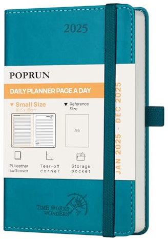 POPRUN Kalender 2025 Tagesplaner Softcover 16 x 10,5 cm, Tageskalender A6 1 Tag 1 Seite (Montag - Sonntag), Terminplaner (Jan.2025-Dez.2025) mit PU-Leder - EU-25-C6LBTA6-PG