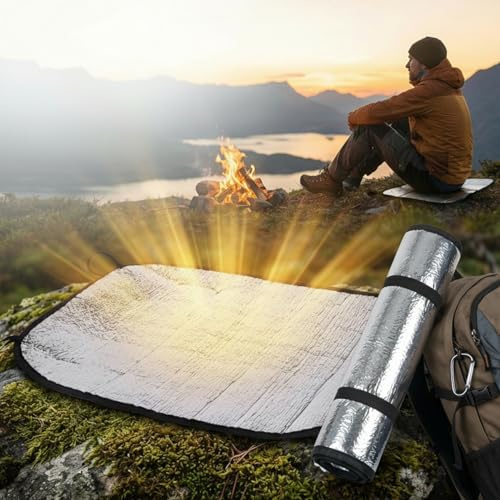 MIJOMA Faltbare Sitzunterlage 35x45cm mit Aluminium-Beschichtung – Isolierte Sitzmatte mit Gummibändern – Wärmekissen für Outdoor, Camping, Stadion, Wandern, Trekking