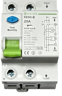 KAISER ELECTRONICS Interrupteur FI de type B - Protection contre les courants incidents intensifs - 25 A, 40 A, 63 A, 100 A, 30 mA - 2 pôles, 4 pôles (2P/25 A/30 mA)