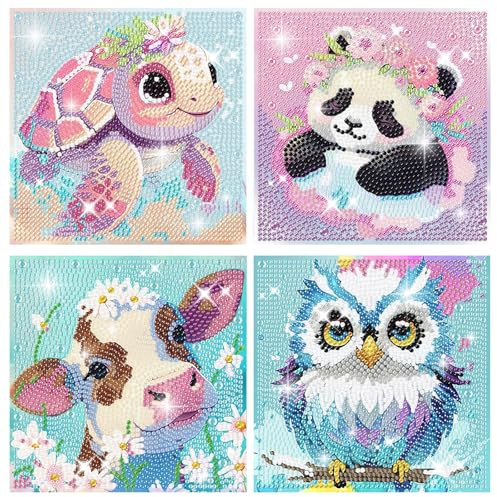 4 Stück Diamond Painting Kinder, DIY Diamond Painting Tiere, Diamant Painting Bilder Kinder, Diamond Painting Eule, Schildkröte, Panda, Kuh für Kinder und Mädchen, Erwachsene Geeignet, Dekorationen