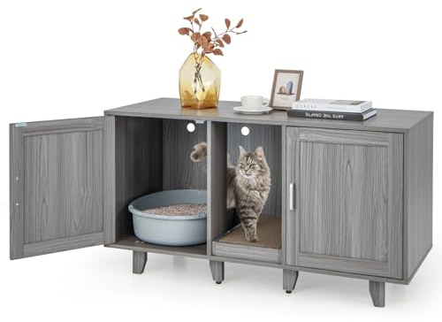 GOPLUS 3 in 1 Katzenschrank, Katzentoilette mit 2 Türen & abnehmbaren Beinen & herausnehmbarem Kratzbrett, Katzenhöhle Beistelltisch TV-Ständer für 2 Katzen, 120x52x65cm (Dunkelgrau)