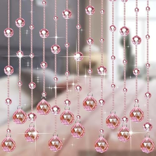 90x200cm Crystal Beaded Door Curtain Bedroom Beads Decoration Curtains Sparkle Beads Curtain Handmade Window Hallway Entrance Wall Closet Bedroom(Pink,80x180cm)