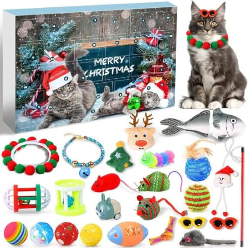 Weihnachtskalender für Katzen, Adventskalender für Katzenspielzeug, Advent Calendar 2024 Cat Toys, 24Pcs Weihnacht Interaktives Kätzchenspielzeug mit Katze Federstab, Fisch, Mäuse, Bälle und Glocken