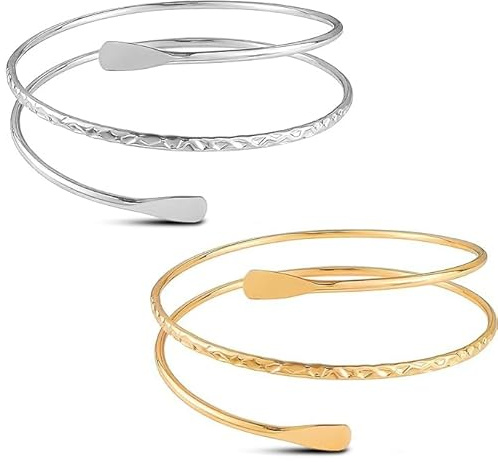 GJNMYSD 2 Pcs Upper Arm Cuff Bracelet for Girls Women, Adjustable Gold and Silver Coils Arm Band Cuff Bracelet Punk Bangle Minimalist Style Bangle Open Armlets