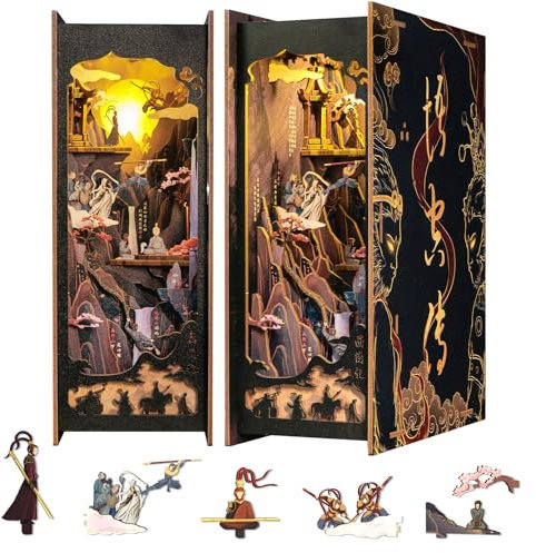 Cutefun DIY Book Nook Kit, Kit per casa delle bambole in miniatura 3D, Reggilibri Scaffale Inserto Decorazione Kit di Costruzione di Modellini in Legno per Casa delle Bambole (Legend Of Wu Kong)