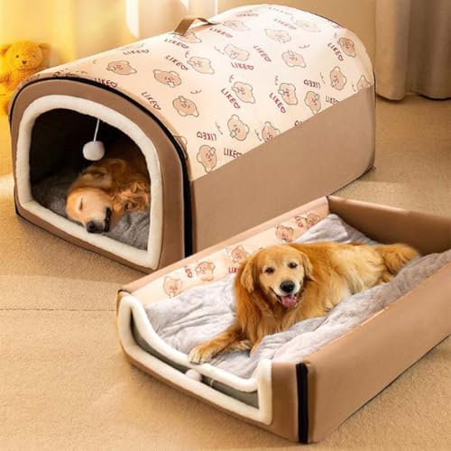 Danchen Dog House, 2 in 1 Foldable Large Dog Bed with Anti Anxiety Soft Warm Cushion, Non-Slip Pet Igloo Bed for Dogs Puppy Cats Rabbit, Removable Washable Pet Cave (XL:75x50x50cm,Brown)
