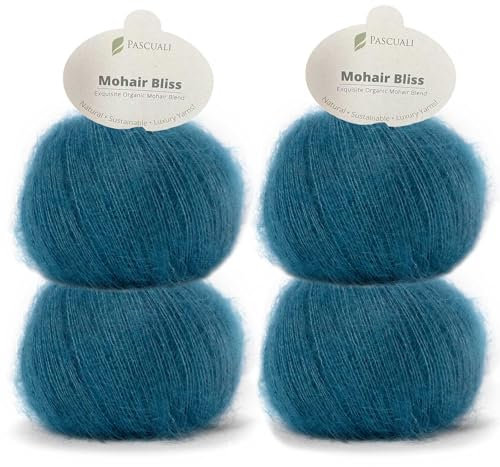 PASCUALI | Mohair Bliss |Strickwolle aus 60% Mohairwolle (Kid Mohair) 40% Seide Wolle Mohairgarn zum Stricken und Häkeln, SET: 4 Knäuel - 100g - Farbe:Petrol 807