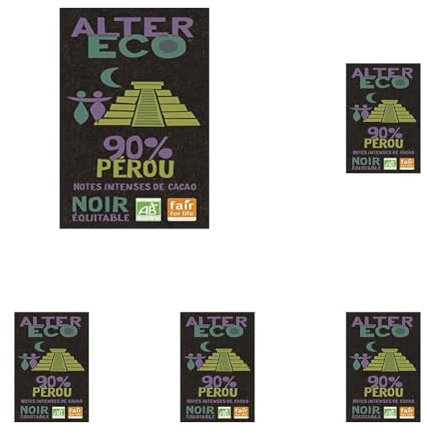 ALTER ECO - Tablette Chocolat Noir 90% - Notes Intenses de Cacao - Bio & Équitable - Origine Pérou - 100 g (Lot de 5)
