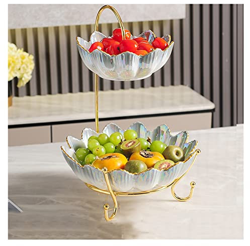 NBVOKLEAD 2-Tier Fruit Bowl, Light Luxury Ceramic Dried Fruit Plate, Nuts Berry Display Stand, Snacks Storage Tray for Home Living Room Decoration Ornament Gift
