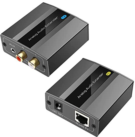 Hermosiey Analoger Audio-Extender Cinch 3,5 mm Stereo über Ethernet Einzelnes Cat5E/6/7-Kabel Bis zu 500 M Audiokonverter EU-Stecker