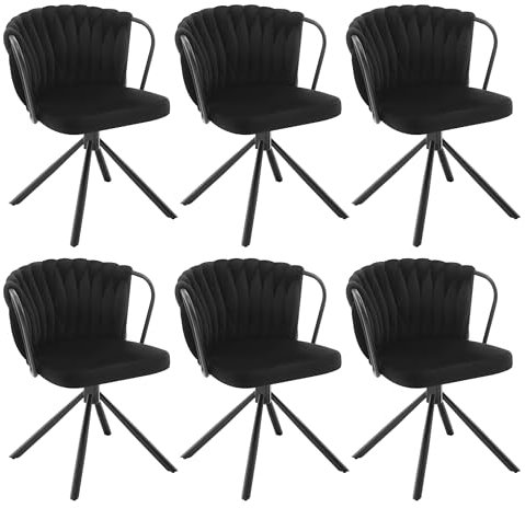 WOLTU Chaise de Salle à Manger Pivotante Lot de 6, Fauteuil Rembourré avec Dossier Tressé et Pieds en Métal, Chaise Scandinave, en Velours,Noir,EZS72sz-6