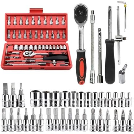 Werkzeugkoffer 46-teiliges 1/4-Zoll-Steckschlüssel-Set mit Ratschenschlüsselsatz for Autoreparatur und Haushalt mit Aufbewahrungskoffer Werkzeugkasten