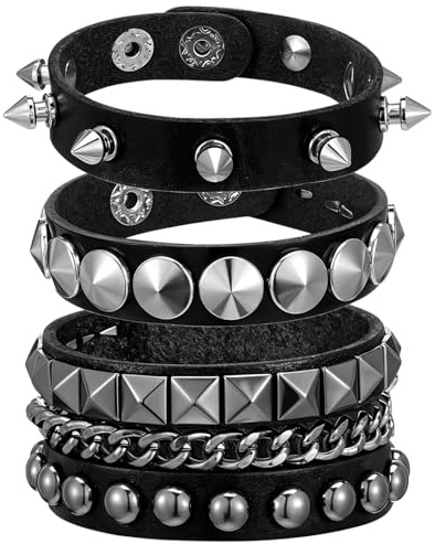 JJUNW 3 Pcs Punk Rock Leather Studded Bracelets, 80s Gothic Spike Cuff Bracelet Halloween Party Favors Rock Accessories