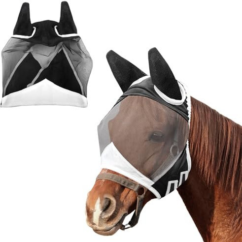 UYUYong Fliegenschutzmaske Ohrenschutz Fliegenmaske Atmungsaktiv Fine Mesh Verstellbare Fly Buckler für Warmblut, Vollblut Pferde Schwarz Größe L 54 x 33 cm