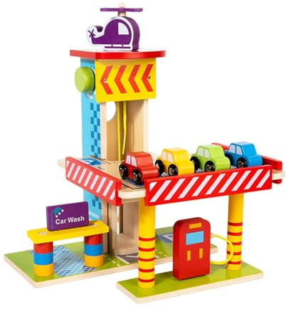 Fenteer Wooden Parking Garage Playset Pretend Toy Durability Petrol Station Car Wash Boys Girls Gifts for Kids Children Learning Tool