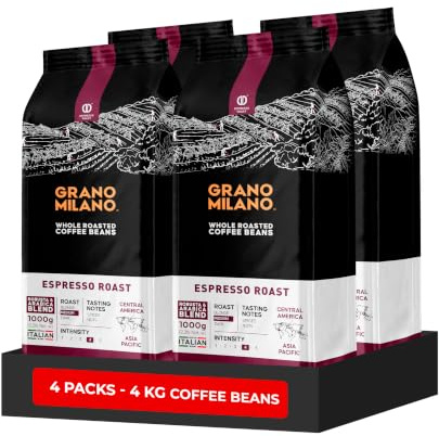 Grano Milano Espresso Roast Coffee Beans 4kg, Medium Roast | Intensity 4/5, Full-Bodied, 80% Robusta, 4 x 1kg Bags, Made in Italy, Packaging May Vary