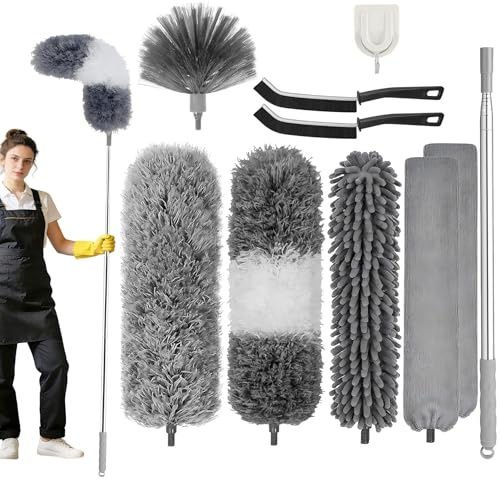 10 Pièces Plumeau Telescopique, Plumeau TéLescopique Lavable, Balai Toile d'Araignée, Brosse d'angle pour Nettoyage, TêTe De Plumeau en Chenille pour Plafonds, Stores, Meubles, Extensible Jusqu'à 2,1M
