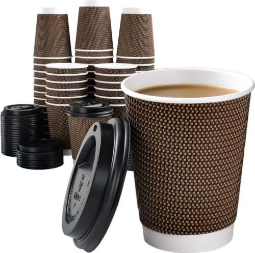 150 Pack 10oz Disposable Ripple Wall Paper Cups with Lids – Triple Wall Kraft Insulated Coffee Cups 300ml Brown Takeaway Cups for Hot Drinks, Tea, Coffee & Cappuccino, Bulk Catering Supplies 10 Ounce