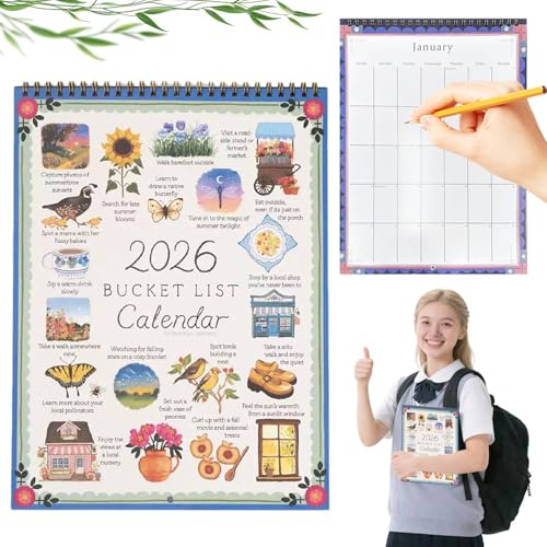 12-Monats-Bucket-List-Wandkalender, Saisonaler Planer Mit Spiralbindung, Bucket List Kalender 2026, 12-Monats-Zielplaner Mit Motivierenden Illustrationen, Für Bürobedarf, Deko für Zuhause & Büro