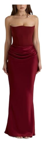 Abito a corsetto monospalla in raso da donna con corpetto arricciato e silhouette aderente – Abito lungo ed elegante for feste serali, matrimoni e occasioni speciali(Claret,L)