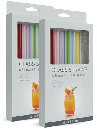perlopur Trinkhalme 12 Glasstrohhalme gerade (bunt) +2 Reinigungsbürsten | Umweltfreundliche, stilvolle Alternative zu Plastikhalmen, mit Reinigungsbürsten, für Smoothies, Cocktails, Heissgetränke…
