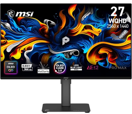MSI PRO MAX 271QPX14G 27-Inch WQHD 2560x1440 Tandem QD-OLED Monitor, 144Hz, 0.03ms, Panta Tandem, VisiClarity, M-color sync, Adaptive Sync, OLED Care 2.0, PIP/PBP, EyesErgo, USB C (15W PD)