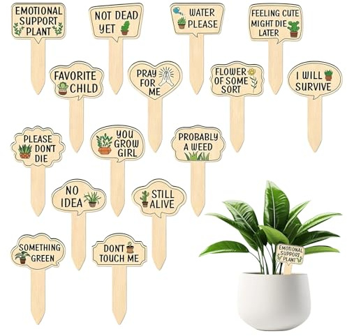 15 Pcs Funny Wooden Plant Markers, Humorous Garden Labels with Sayings and Cute Patterns, Natural Wood Signs Stake for Succulents Potted Indoor Outdoor, Novelty Gift for Flora Lovers