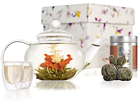 The Exotic Teapot - Classic Flowering Tea Gift Set, Glass Teapot (600ml), Two Glass Cups (120ml), Sampler Tin of 5 Blooming Teas, Handmade Gift Box